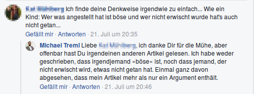 Bissiger Kommentar auf Facebook und meine Antwort darauf