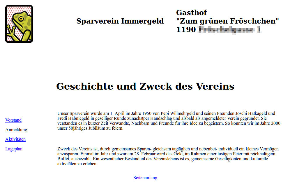 Schulübung: Website des imaginären Sparverein Immergeld.