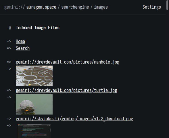 Oberfläche des Proxies proxy.vulpes.one mit der geöffneten Seite gemini://auragem.space/searchengine/images. Unter jedem Link wird ein kleines Bild angezeigt.