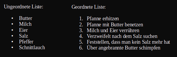 Links ungeordnete Liste mit folgenden Punkten: Butter, Milch, Eier, Salz, Pfeffer, Schnittlauch. Rechts geordnete Liste mit folgenden Punkten: 1. Pfanne erhitzen, 2. Pfanne mit Butter benetzen, 3. Milch und Eier verrühren, 4. Verzweifelt nach dem Salz suchen, 5. Feststellen, dass man kein Salz mehr hat, 6. Über angebrannte Butter schimpfen.