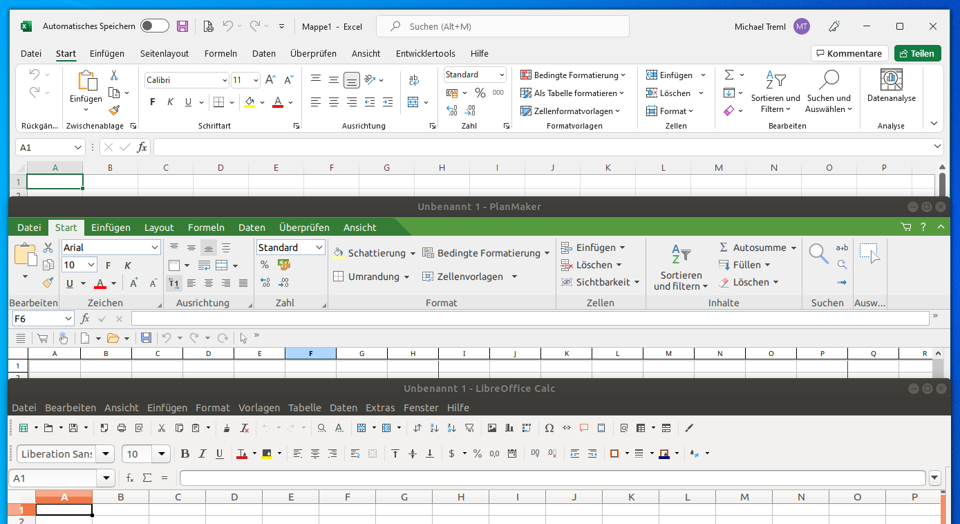 Screenshots der Anwendungen Excel, Planmaker und LibreOffice Calc.