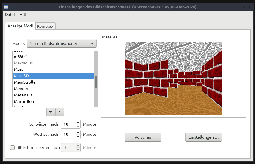 Bildschirmschoner-Auswahl. Ausgewählt ist »Maze3D«.