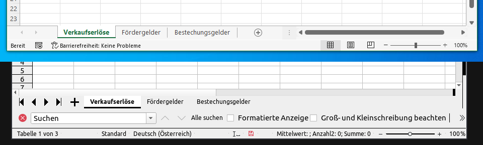 Tabellenblatt-Reiter in Microsoft Excel und LibreOffice Calc, jeweils mit den Bezeichnungen »Verkaufserlöse«, »Fördergelder« und »Bestechungsgelder«.