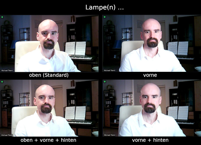 Vier Vergleichsfotos bei eingeschalteter/-n Lampe/-n: oben (Standard), vorne, oben + vorne + hinten, vorne + hinten.