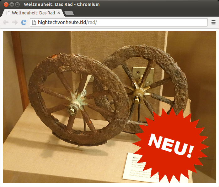 Website, die historische Räder als Neuheit präsentiert.