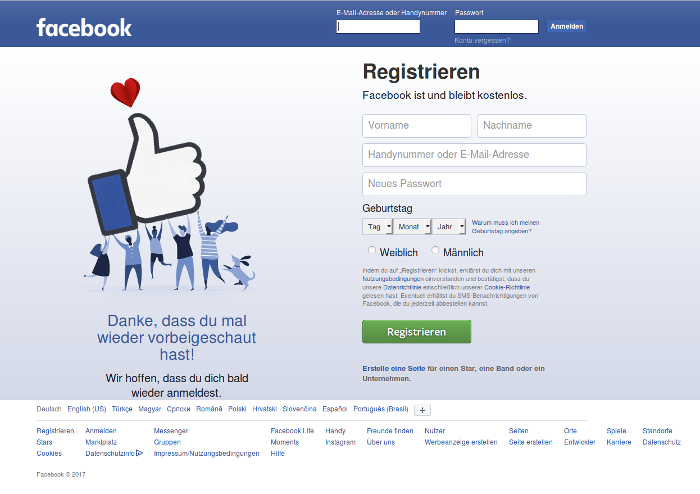 Die Dankesseite, die Facebook nach einem Logout anzeigt