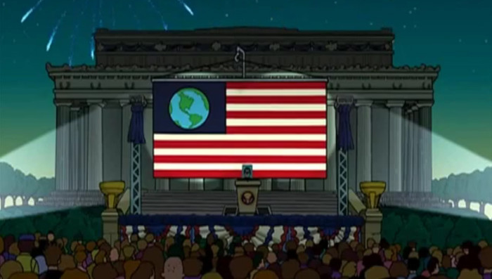 Flagge der USA mit einer Abbildung der Erde statt der Sterne