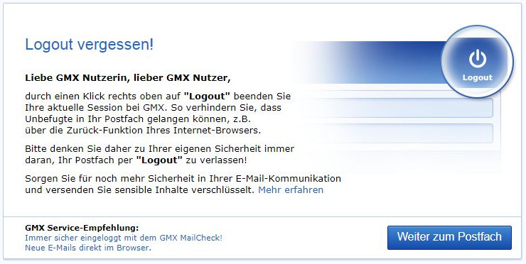 Meldung auf GMX bzgl. vergessenem Logout.