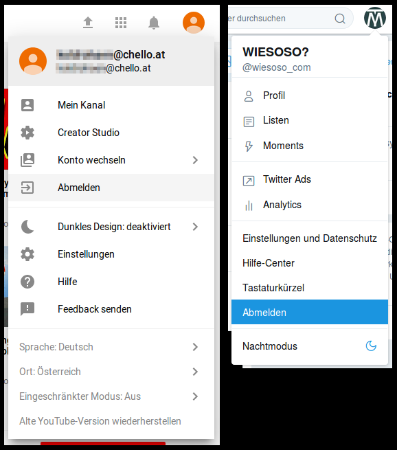 Menüs von YouTube und Twitter.