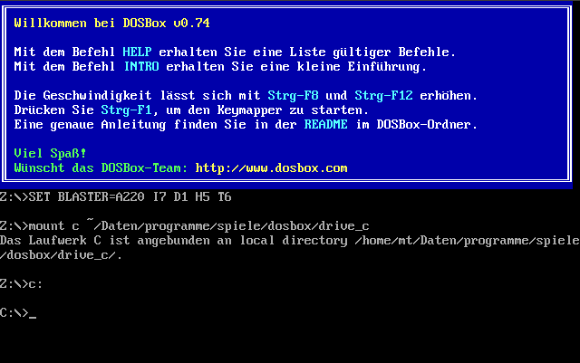 Screenshot von DOSBox nach dem Start.