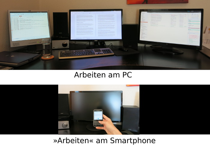 Gegenüberstellung eines PC-Arbeitsplatzes mit drei Monitoren zu einem kleinen Smartphonebildschirm.