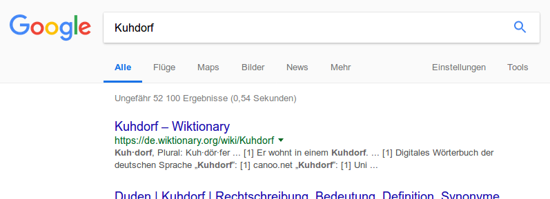Google-Suche nach Kuhdorf. Zweiter Menüpunkt: Flüge.