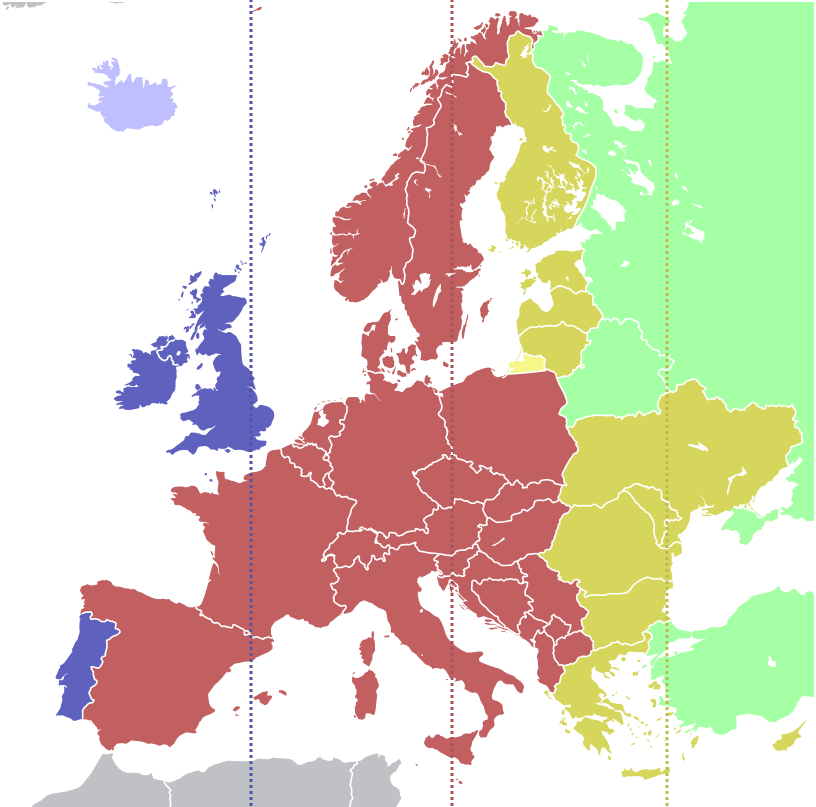 Europa, Länder nach aktuellen Zeitzonen eingefärbt und Mittagslinie je Zeitzone eingezeichnet.