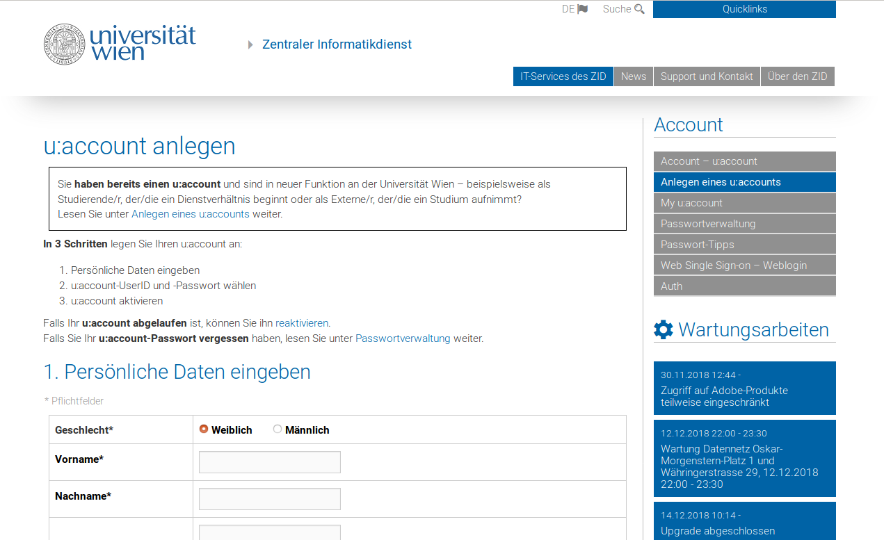 u:account-Registrierungsformular der Universität Wien.