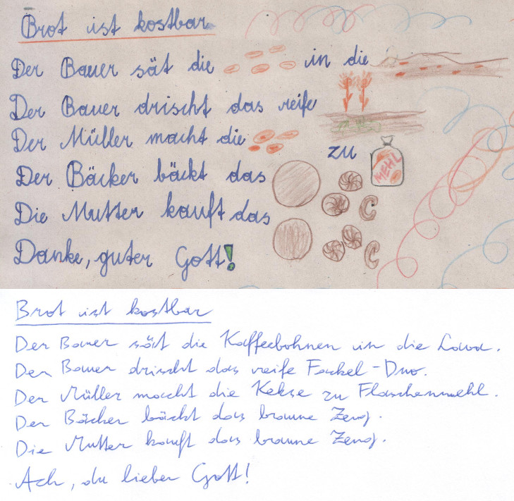 Text »Brot ist kostbar« mit Bildern statt einzelnen Worten. Darunter eine verballhornte Nur-Text-Fassung in meiner heutigen Handschrift.
