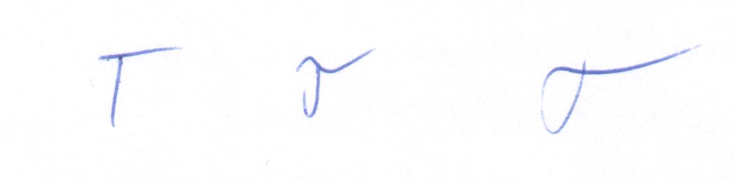 Drei Mal der Buchstabe T. Einmal aus zwei geraden Strichen, einmal aus zwei geschwungenen Strichen, einmal in einem einzigen Zug.