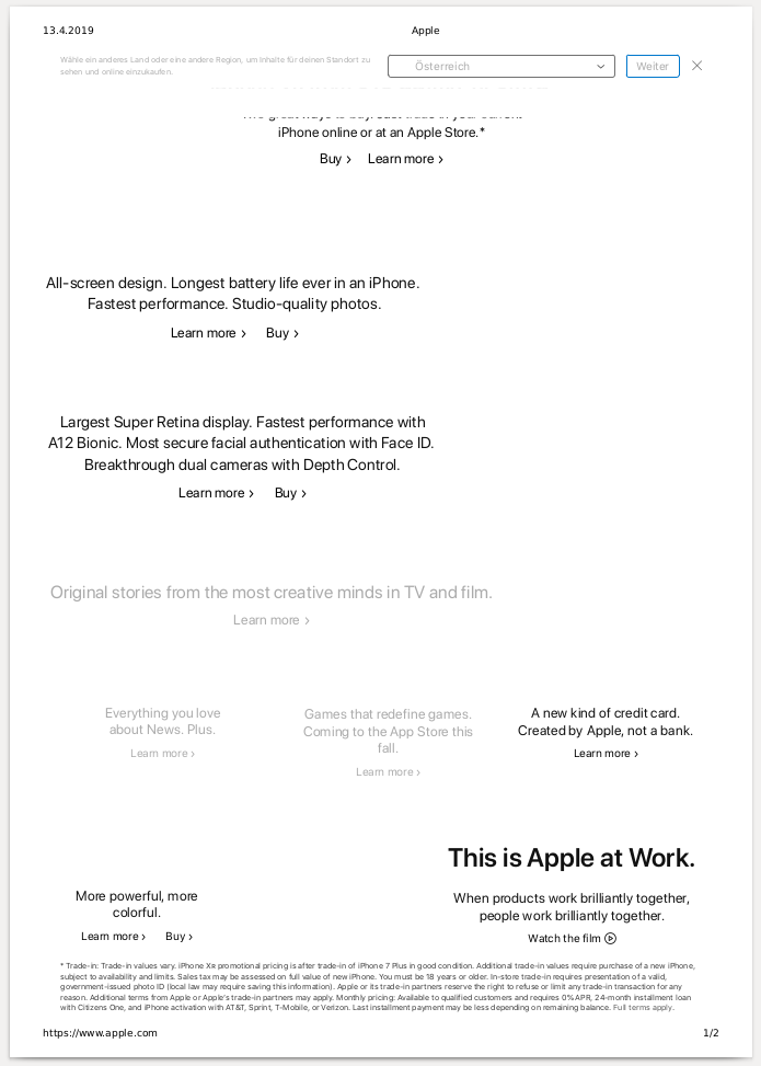 Apple-Website, die nur aus hohlen Phrasen in schwarzer und grauer Schrift auf weißem Untergrund besteht.