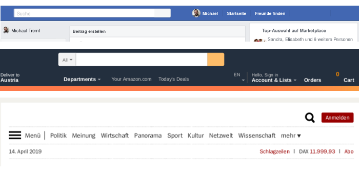 Drei Ausschnitte aus verschiedenen Websites.