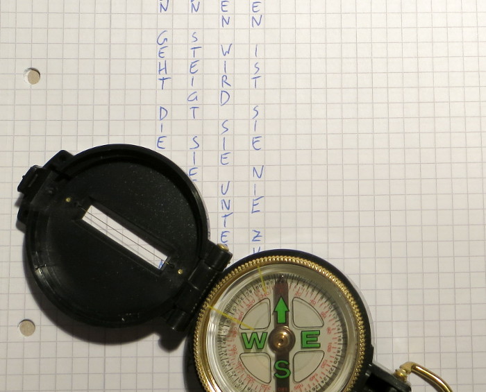 Kompass auf einem von oben nach unten beschriftetem Zettel.