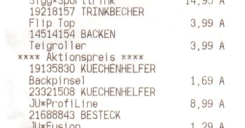 Ausschnitt aus Beleg: »14514154 BACKEN / Teigroller 3,99 A / **** Aktionspreis **** / 19135830 KUECHENHELFER / Backpinsel 1,69«.