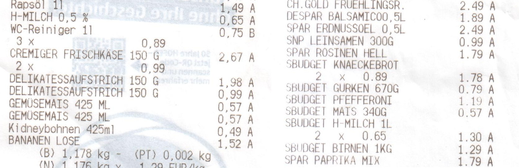 Zwei Belege. Ausschnitt aus linkem Beleg: »WC-Reiniger 1l 0,75 B / 3 x 0,89 / Cremiger Frischkäse 150 G 2,67 A / 2 x 0,99 / Delikatessaufstrich 150 G 1,98 A / Delikatessaufstrich 150 G 0,99 A«. Ausschnitt aus rechtem Beleg: »SBUDGET KNAECKEBROT / 2 x 0,89 1,78 A«.