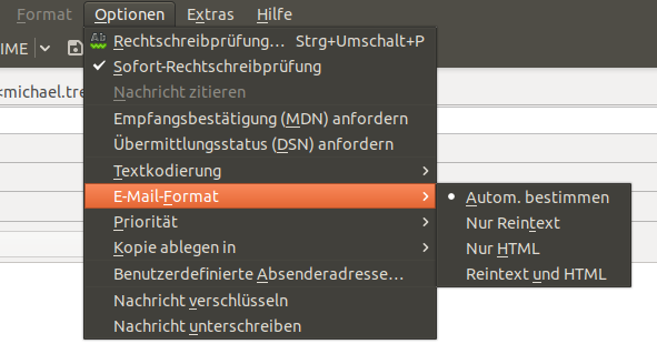 Menü in einem E-Mail-Programm. Unter dem Punkt Optionen/E-Mail-Format ist die Variante »Autom. bestimmen« vorausgewählt. Weitere Auswahlmöglichkeiten sind »Nur Reintext«, »Nur HTML«, »Reintext und HTML«.