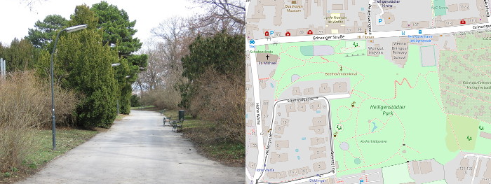 Links: Fotos aus einem Park. Man sieht vor sich einen Weg, der hinter Bäumen nach links abbiegt. Rechts: Übersichtsplan. Man sieht alle Wege im Park, umgebende Straßen, Wasserquellen, Spielplätze, Kirchen und vieles mehr.