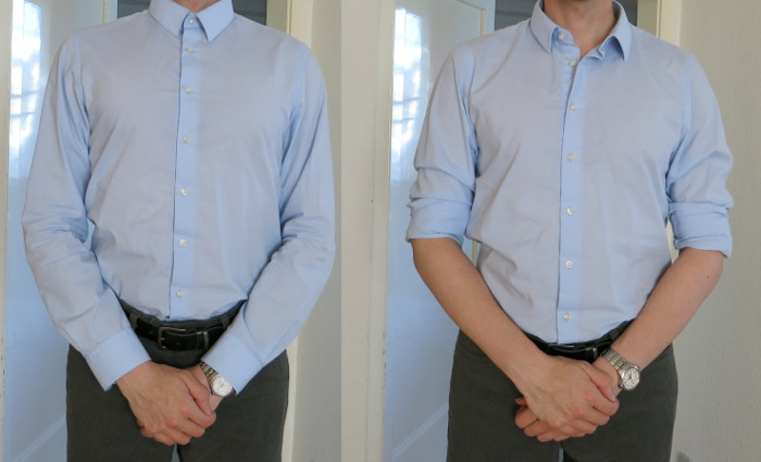 Zwei Fotos von einem Torso in einem langärmeligen Hemd, links komplett zugeknöpft, rechts mit zwei offenen Knöpfen und hochgekrempelten Ärmeln.