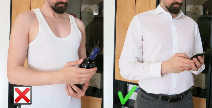 Links: Torso in Unterhemd (mit Weinflasche in der Hand), darunter ein rotes X. Rechts: Torso in Oberhemd (mit Smartphone in der Hand), darunter ein grüner Haken.