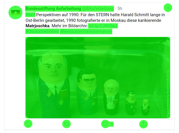 Tweet der deutschen Bundesstiftung Aufarbeitung mit einem Foto einer Matrjoschka, die russische Politiker darstellt. Im Tweet sind zwölf Flächen nachträglich grün hervorgehoben.