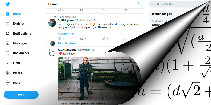 Screenshot von Twitter, der aufgerollt wird. Darunter kommen komplizierte Formeln zum Vorschein.