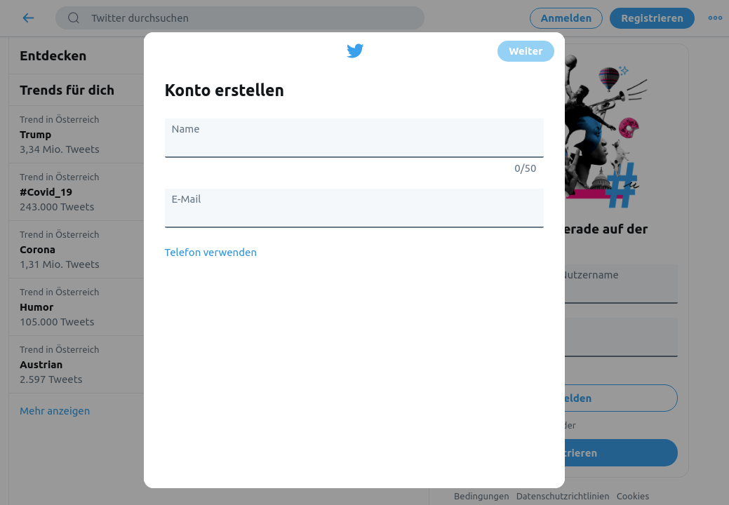 Registrierungsformular auf Twitter. Es gibt nur zwei Formularfelder, »Name« und »E-Mail«, sowie den Link »Telefon verwenden«.