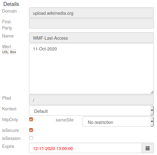 Detaildaten eines Cookies in ein paar Formularfeldern: Domain: upload.wikimedia.org, Name: WMF-Last-Access, Wert: 11-Oct-2020.