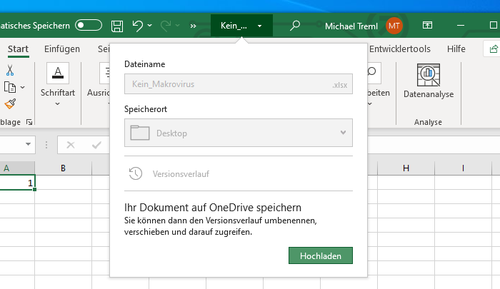 Screenshot von Dialogfeld aus der Excel-Titelleiste zum Upload der Datei auf OneDrive.