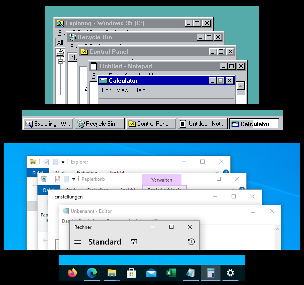 Gleicher Screenshot von fünf Fenster-Titelleisten wie weiter oben, aber diesmal werden ergänzend dazu auch die Einträge aus der Startleiste gezeigt.