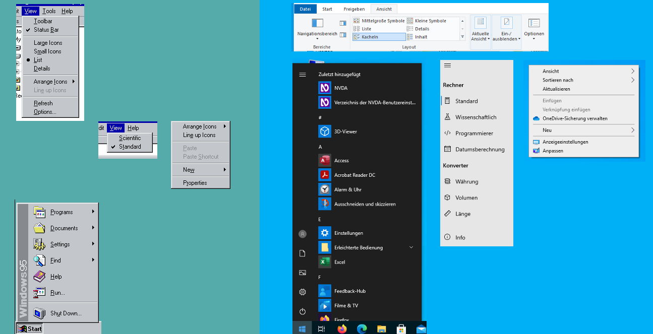 Diverse Menüs in Windows 95 und Windows 10. In Windows 10 ist ein Menüband horizontal ausgerichtet, während andere Menüs vertikal ausgerichtet sind. Das Startmenü hat einen dunklen Hintergrund, während alle anderen einen hellen haben. Ein Menü hat Trennlinien, ein anderes stattdessen Zwischenüberschriften und so weiter und so fort.
