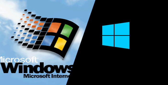 Startbilder von Windows 95 und Windows 10 nebeneinander. Windows 95: Buntes, geschwungenes Windows-Logo mit Schriftzug vor Wolkenhintergrund. Windows 10: Blaues, minimalistisches Logo auf schwarzem Hintergrund.