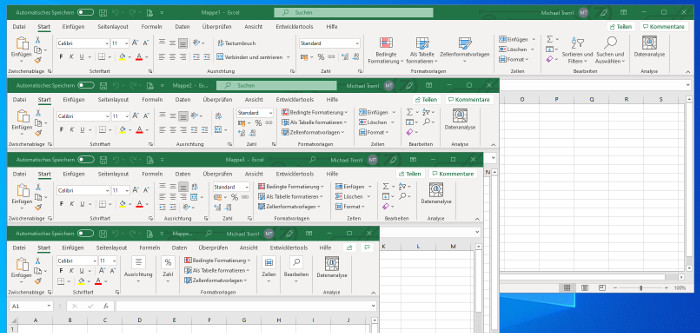 Excel-Fenster in unterschiedlichen Größen.