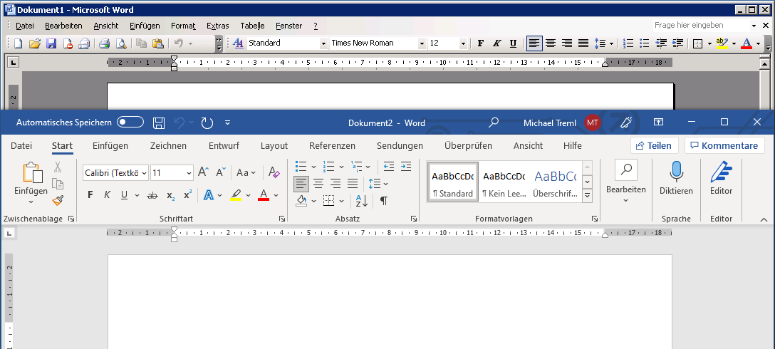 Screenshots von alter und aktueller Word-Version.