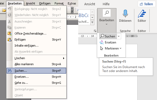 »Suchen« im Menü »Bearbeiten« – einmal in Word 2003 und einmal in einer aktuellen Word-Version.